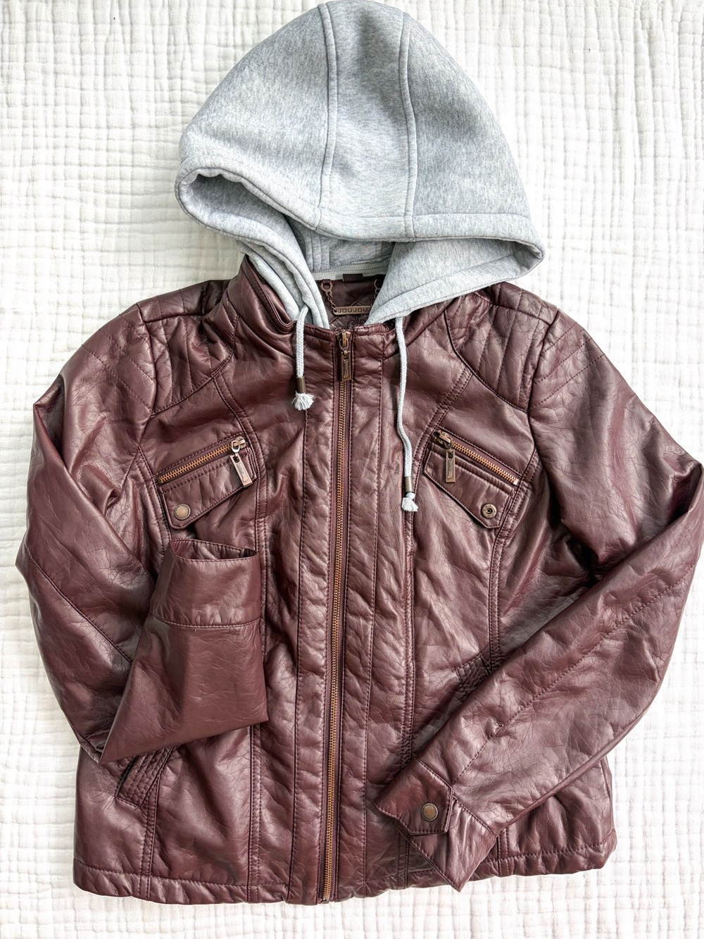JouJou Brown Faux Leather Moto Jacket Removable Hood Faux Fur Lined Women’s L